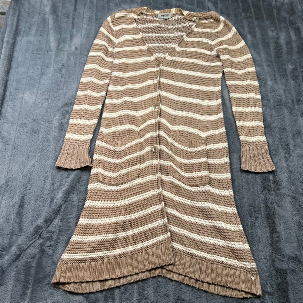 Kenneth Cole Reaction Womens Tan Cream Striped Longline Cotton Cardigan Small